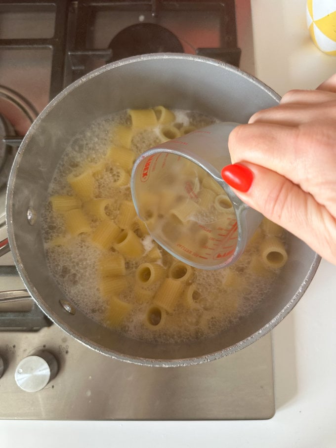 Pasta boiling in a saucepan.