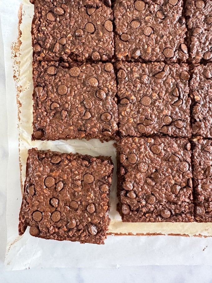 Chocolate Brownie Oat Breakfast Bars dived in to portion size squares.