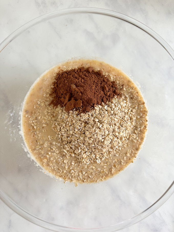 Dry ingredients being added to the mixing bowl.