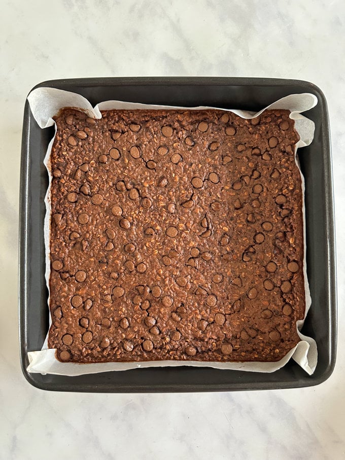 Chocolate Brownie Oat Breakfast Bars fresh out of the oven.