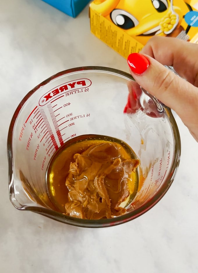 Ingredients being mixed up in a glass Pyrex jug.