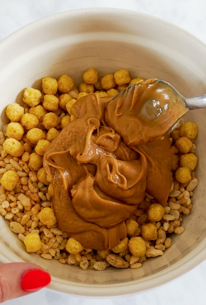 Ingredients being combined together in a mixing bowl. 