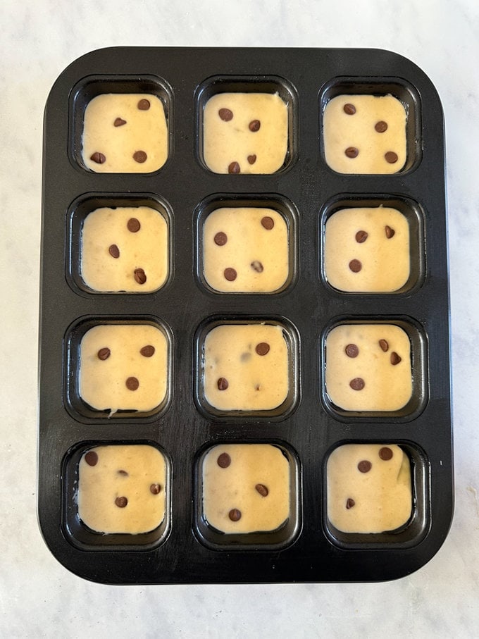Mini Chocolate Chip Banana Bread ready for the oven.