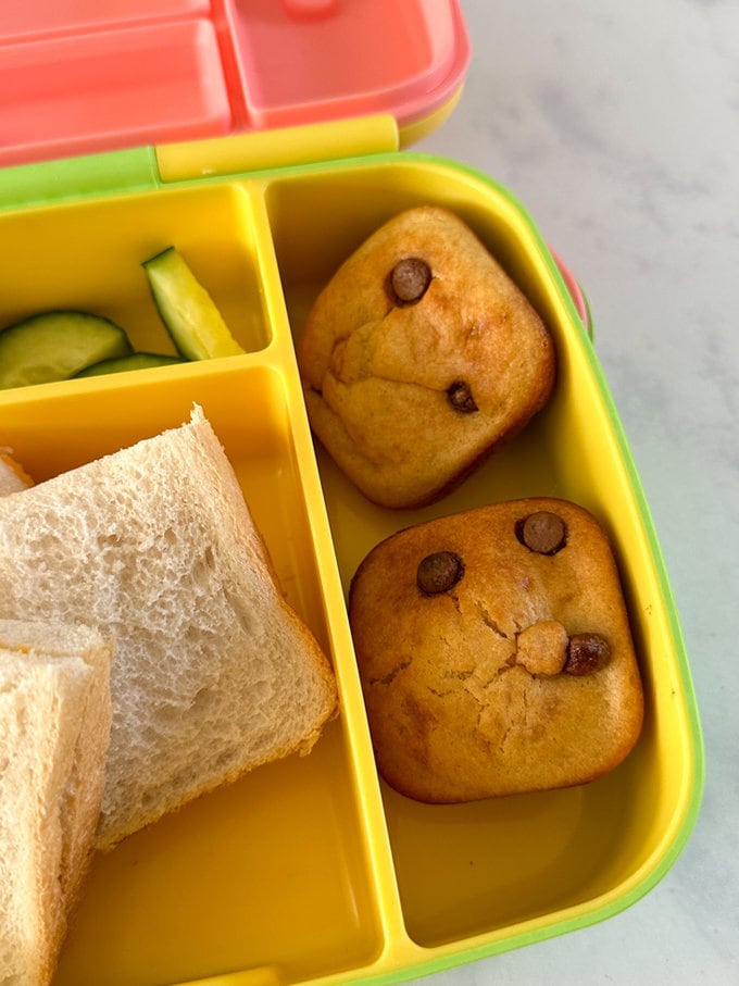 Mini Chocolate Chip Banana Bread presented in yellow lunchbox.