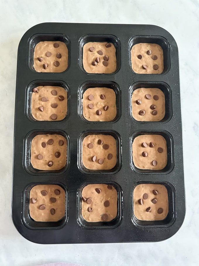 Mini Chocolate Banana Breads ready for the oven.
