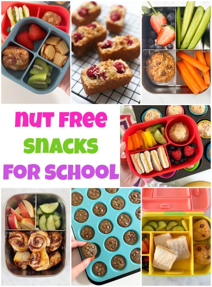 A collage of photos of nut free snacks for school.