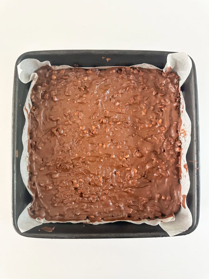 Chocolate added to the cooled Peanut Butter Chocolate Flapjack mix.