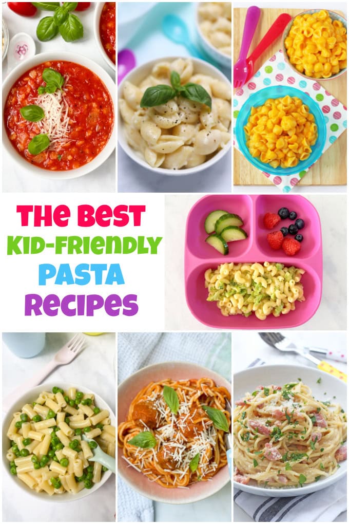 A collage of photos showing the best kid friendly pasta receipes.
