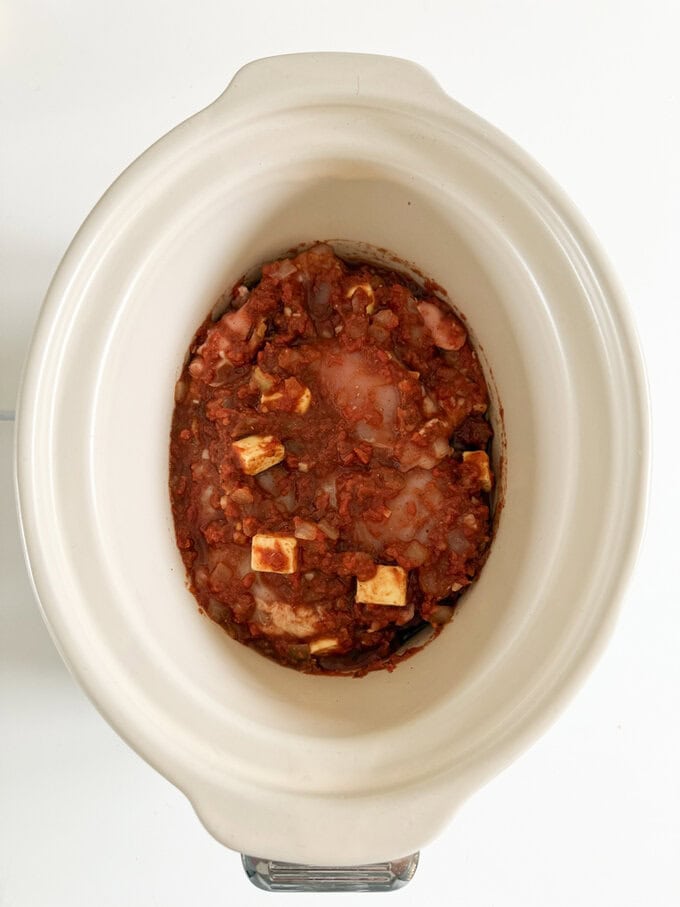 All the Ingredients in the slow cooker.