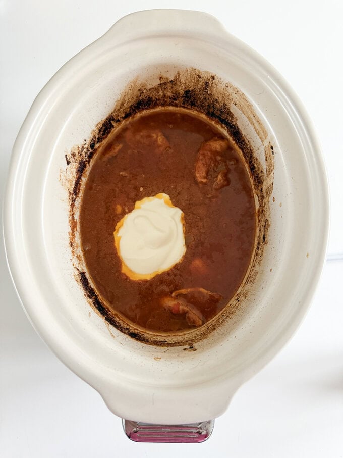 All the Ingredients in the slow cooker.