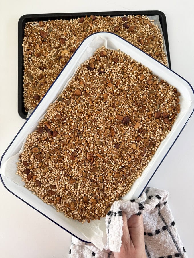 Quinoa Granola in a large tin.