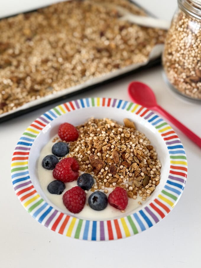 Quinoa Granola served in a child's round bowl with rainbow stripes, accompanied with fresh berries.