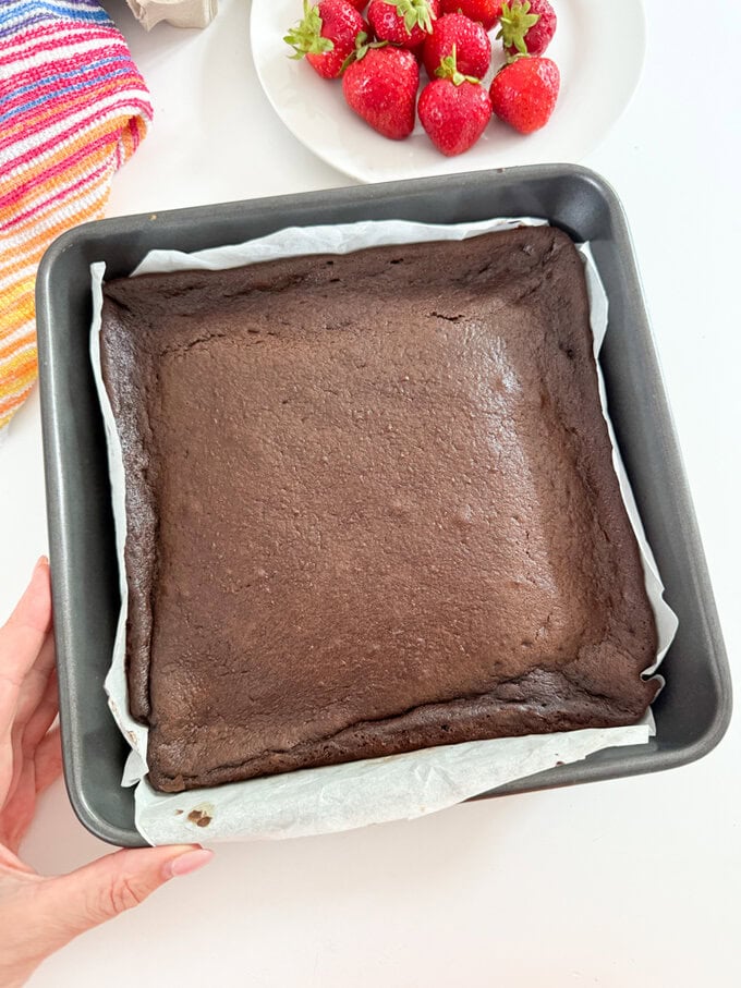 Chocolate cake bars fresh out of the oven.