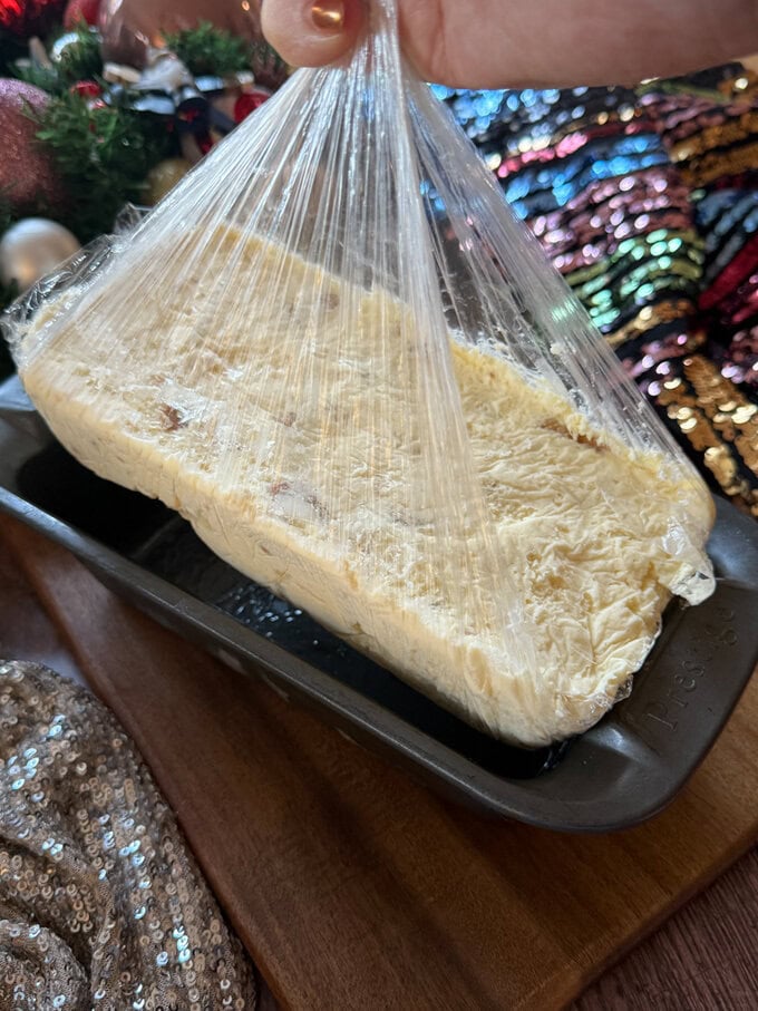 White Chocolate Semifreddo being taken out of dish.