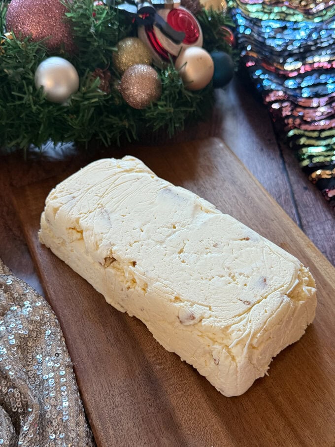 White Chocolate Semifreddo placed on a board ready to be decorated.