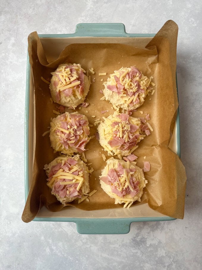 Ham & cheese rolls ready for the oven.