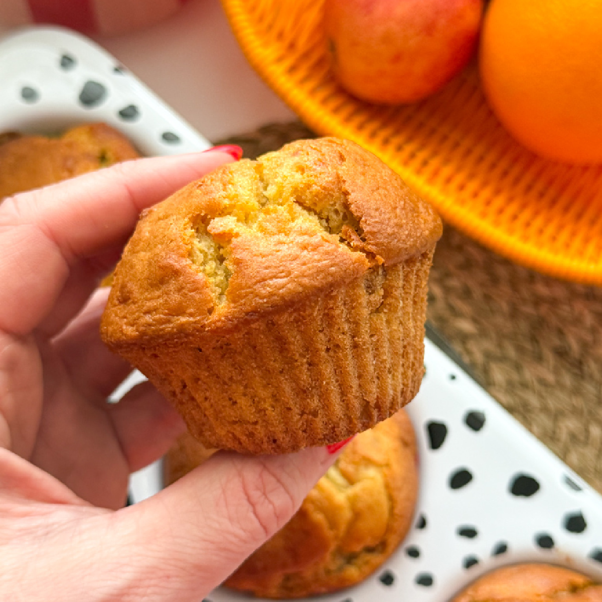 Apple & Orange muffins served in a dalmatian print muffin tray.