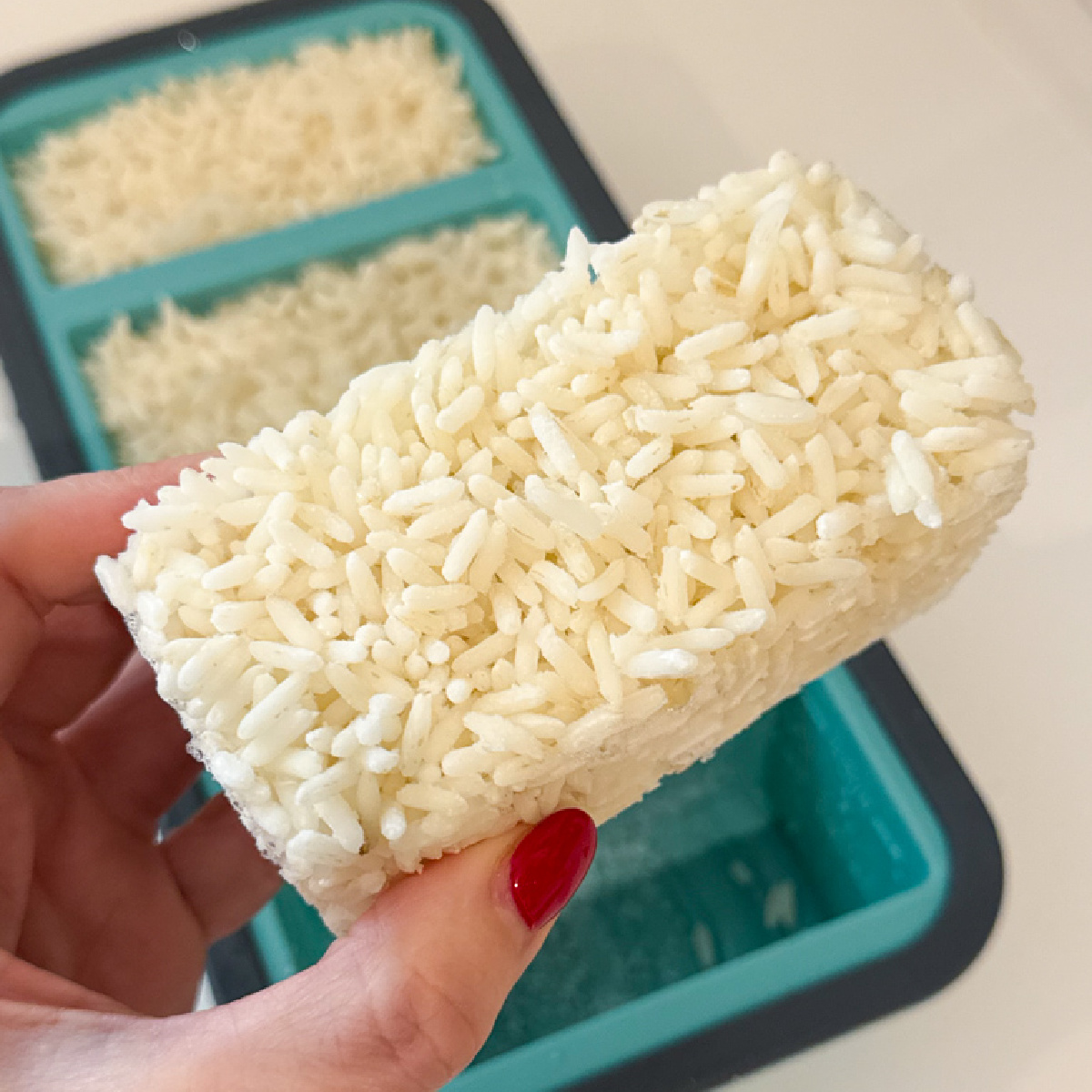 A frozen block of rice taken out of the mould.