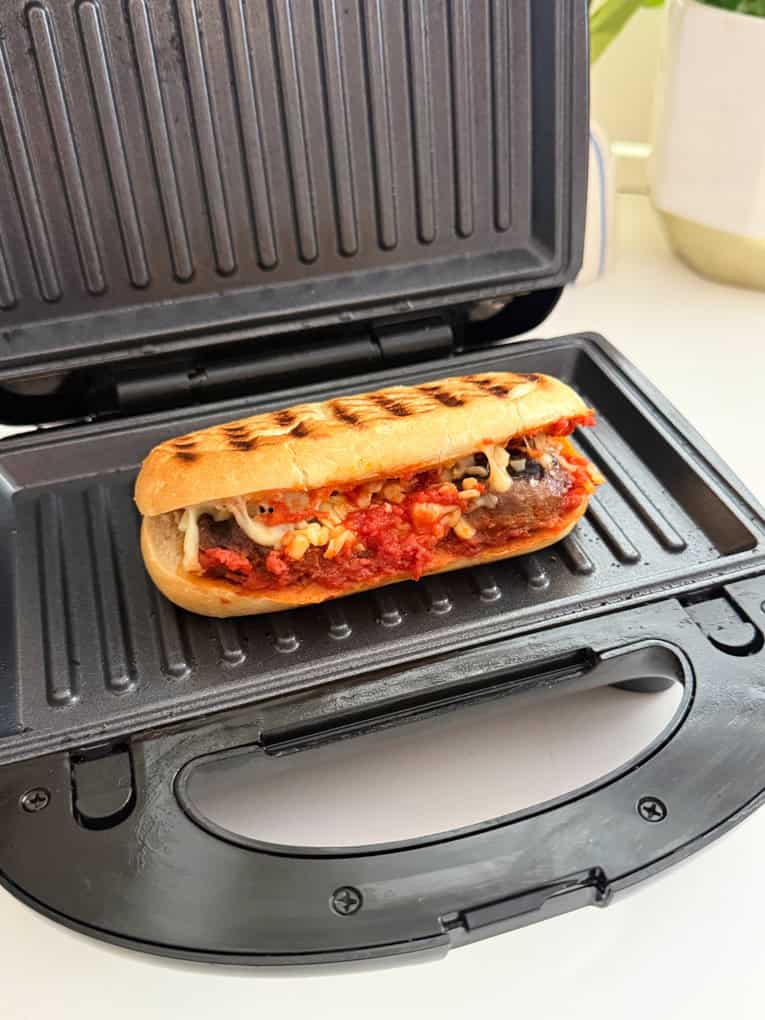Meatball Sub just out of the panini maker and ready to be eaten.