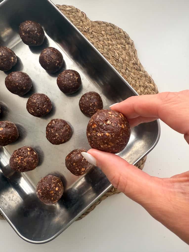 No Bake Chocolate Weetabix Bites in a stainless steel dish.