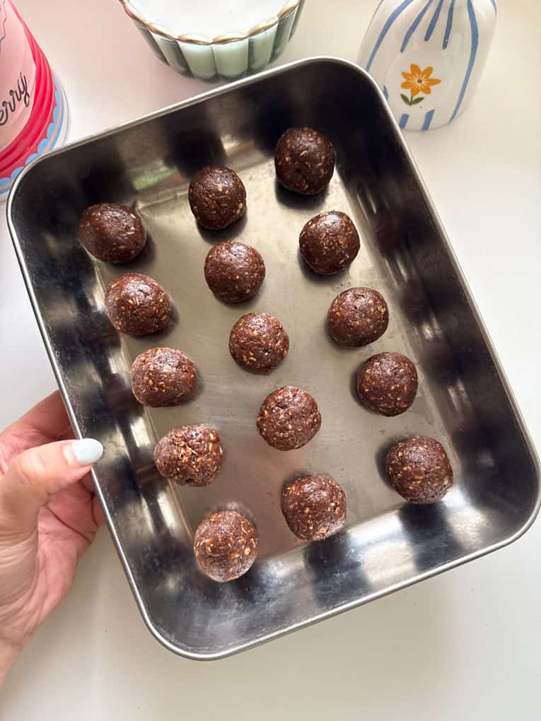 No Bake Chocolate Weetabix Bites in a stainless steel dish.