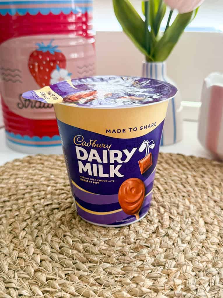 Big pot of Cadbury's dairy milk dessert pot.