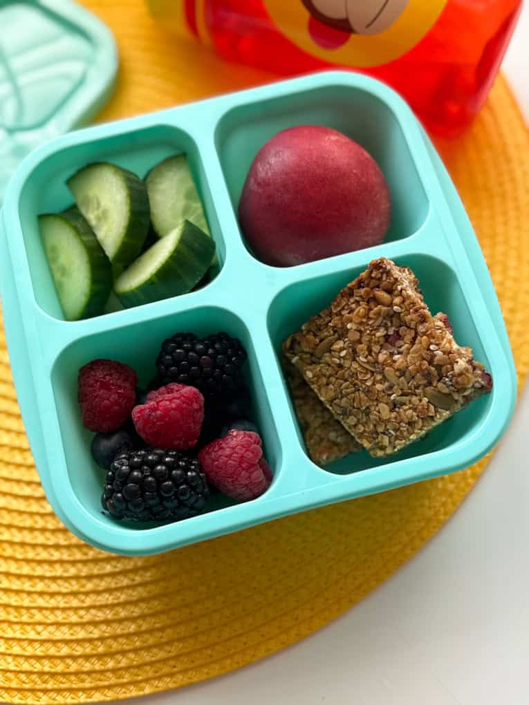 A small child's snack box with two strawberry oat bars, a whole apple and fresh,chopped berries and cucumber.